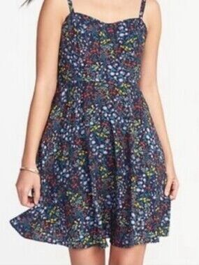 Old Navy Navy Floral Spaghetti-Strap Mini Dress with Yellow & Coral Accents